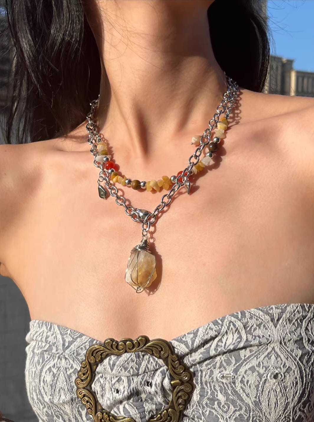 Woman's natural irregular crystal stone pendant with titanium steel double chain necklace. Sassy but Classy!