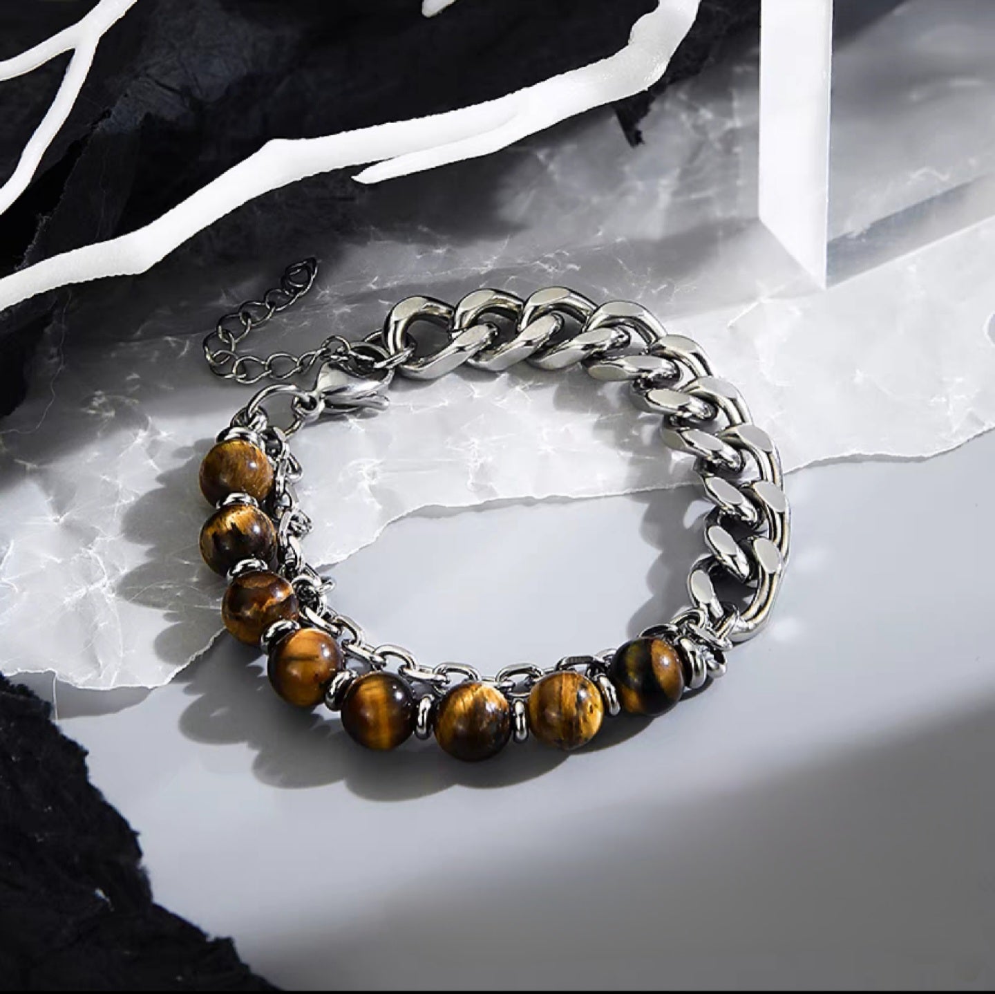Uni-sex Cuban style Tigerite & titanium steel bracelet