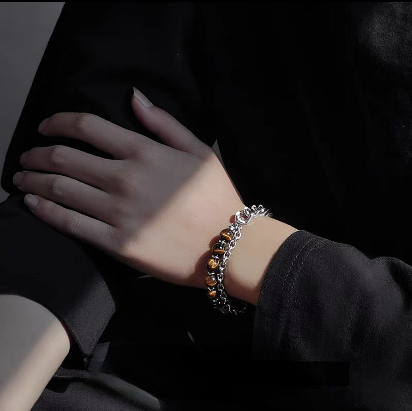 Uni-sex Cuban style Tigerite & titanium steel bracelet