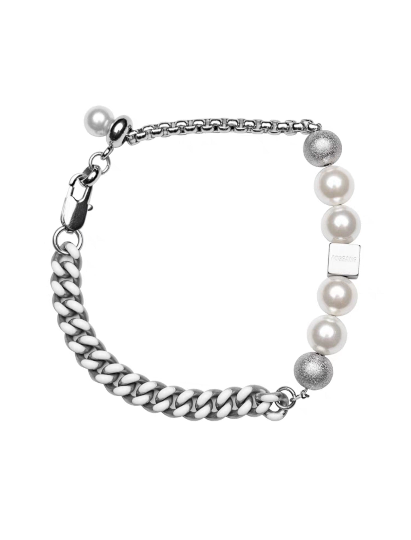 Uni-sex Cuban style, pearl & titanium steel bracelet