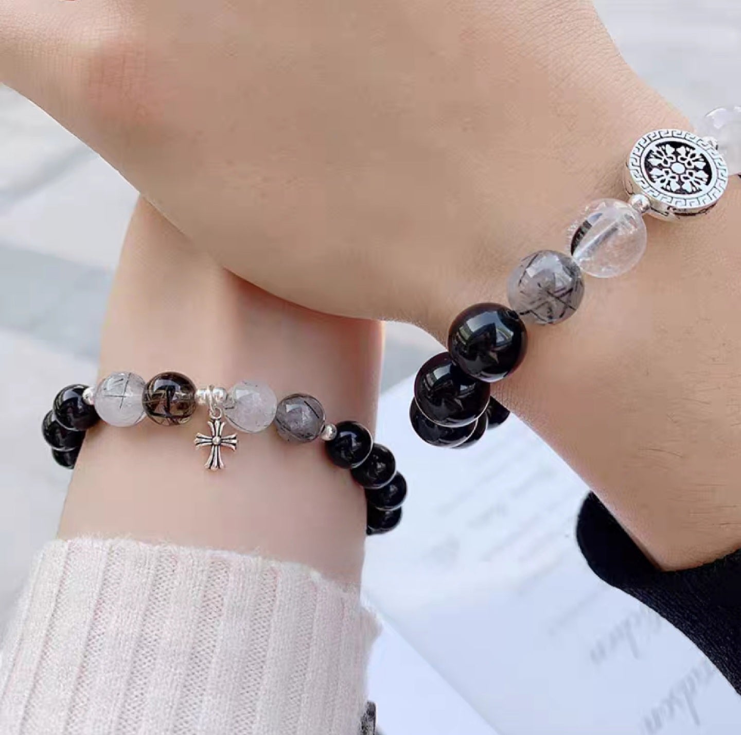 Couples' obsidian black rutilated quartz bracelets (1 pair)