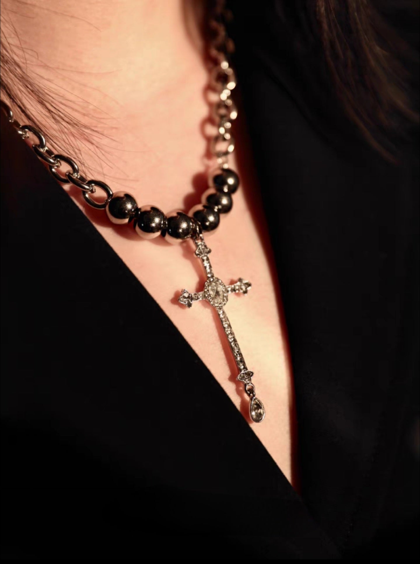 Woman's dark titanium steel metal cross chain necklace