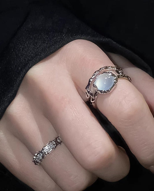 Woman's French retro moonstone, silver plated copper Duo rings set.